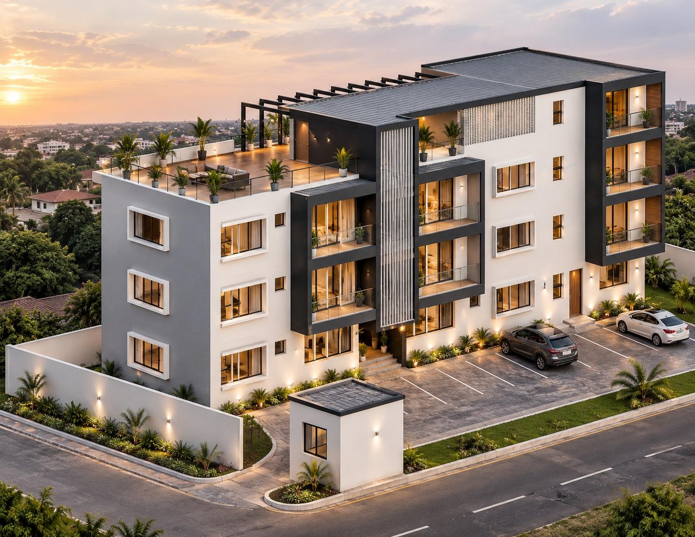 The Vue Haatso at dusk: a four-storey white building with black-framed glass balconies, a rooftop terrace, and a gated, landscaped parking courtyard