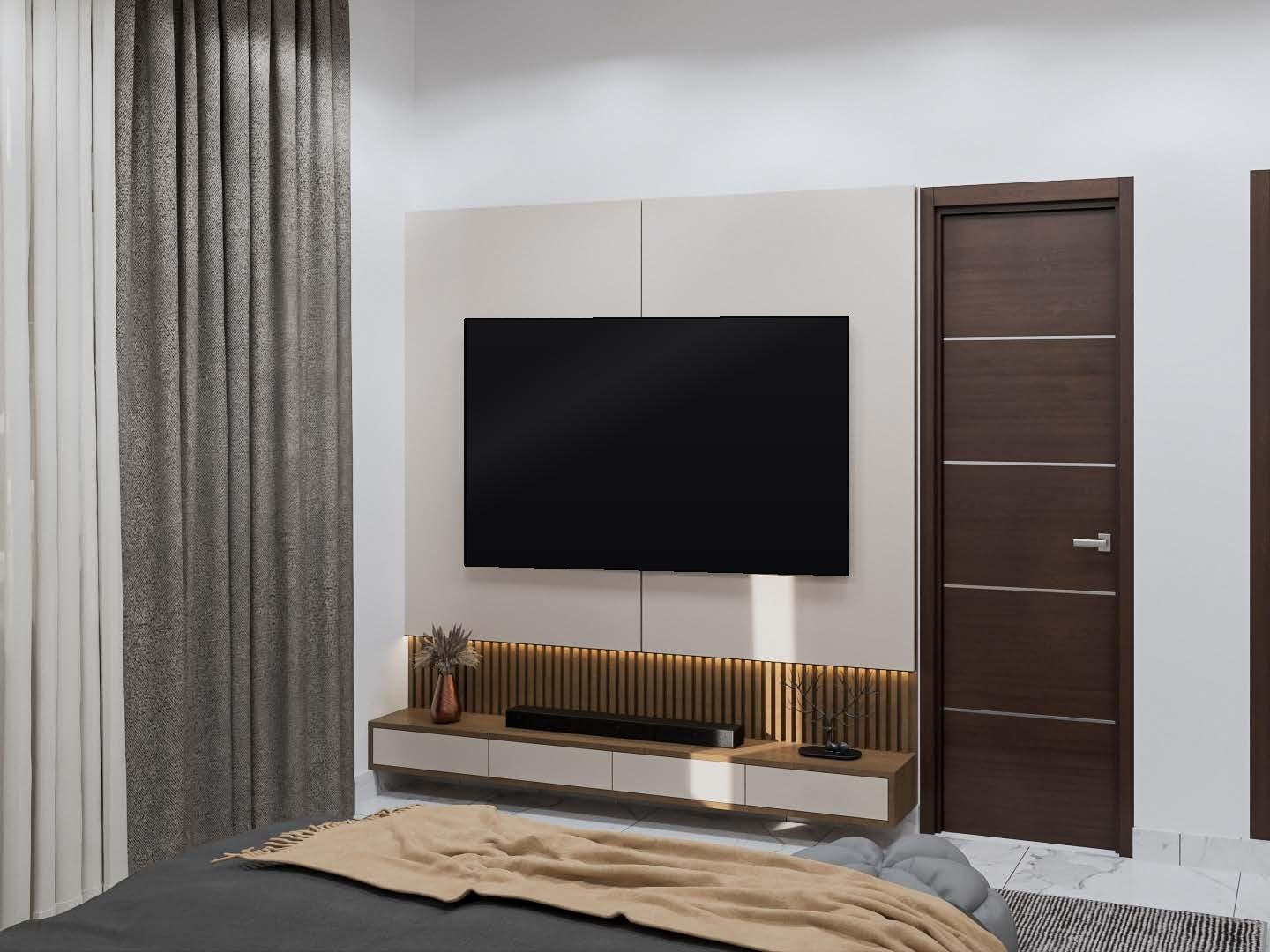 Bedroom media wall with a slatted walnut console and a walnut door