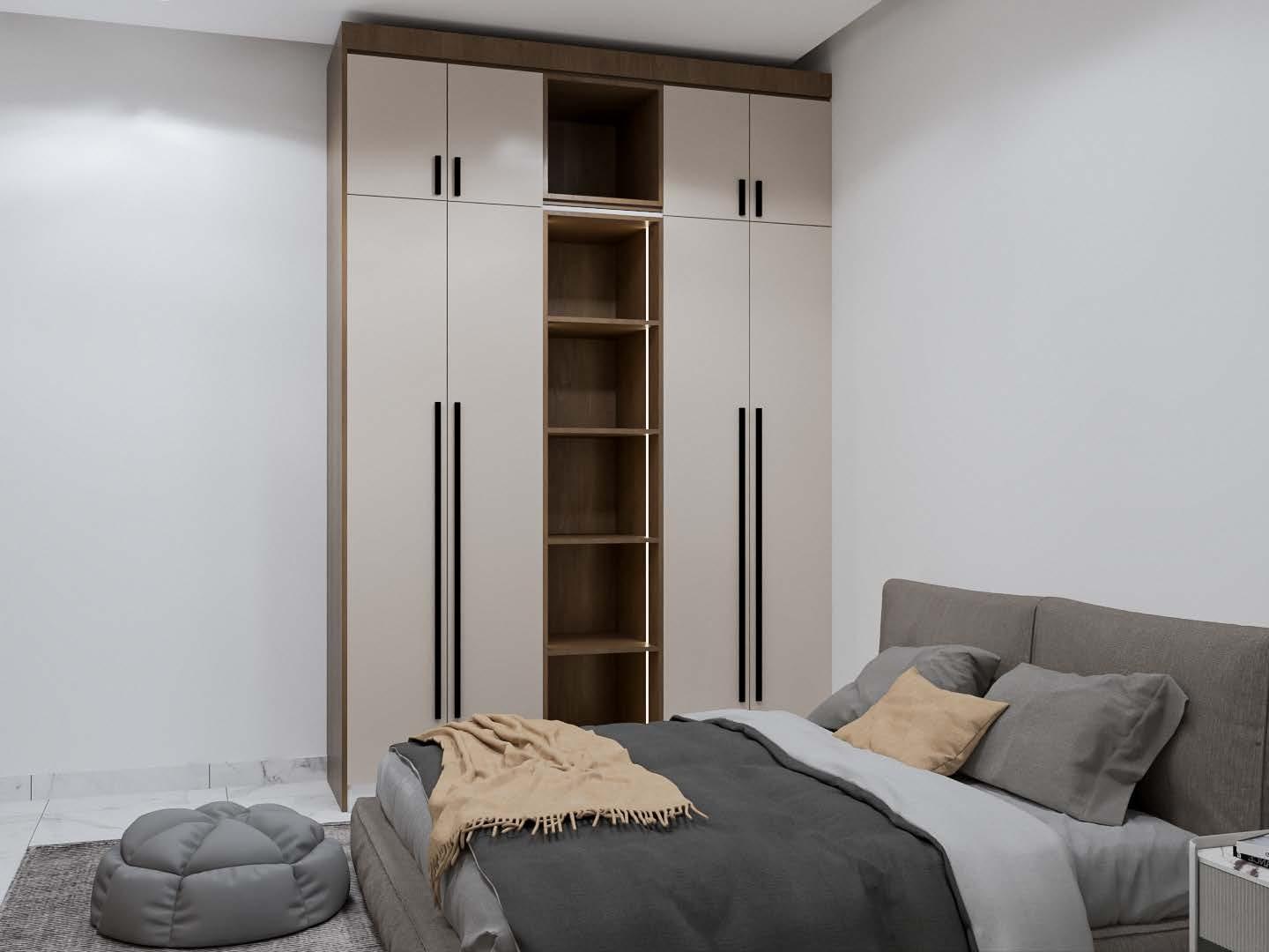 Bedroom with an upholstered bed and built-in wardrobes with open walnut shelving
