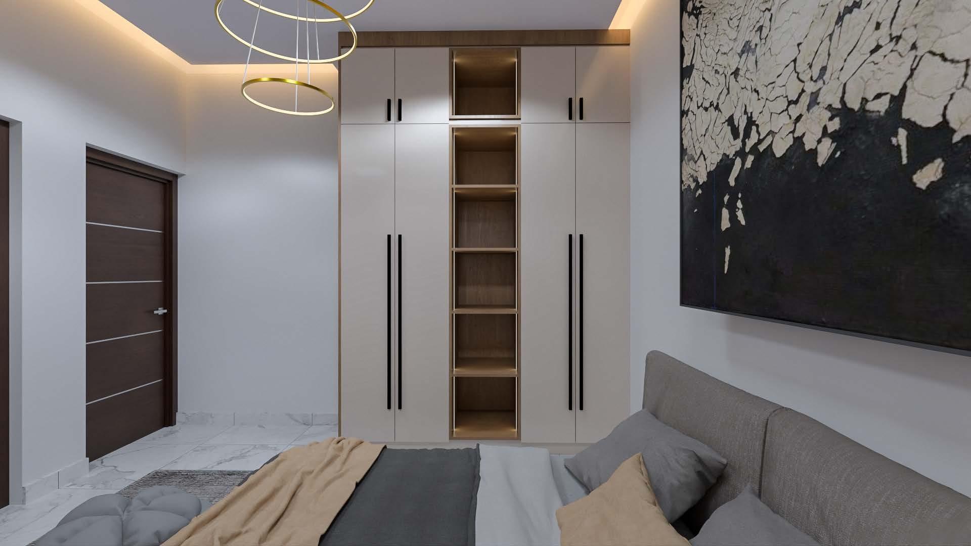 Bedroom with full-height built-in wardrobes and a large abstract artwork above the bed