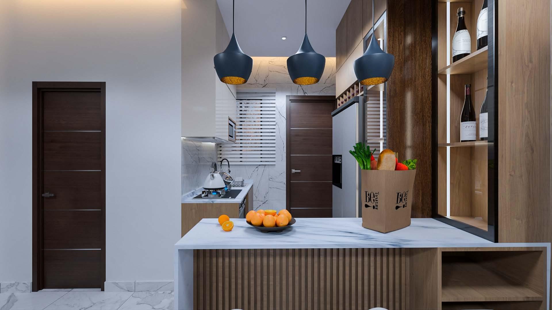 Marble breakfast bar beneath three black pendant lights, with lit wine shelving behind