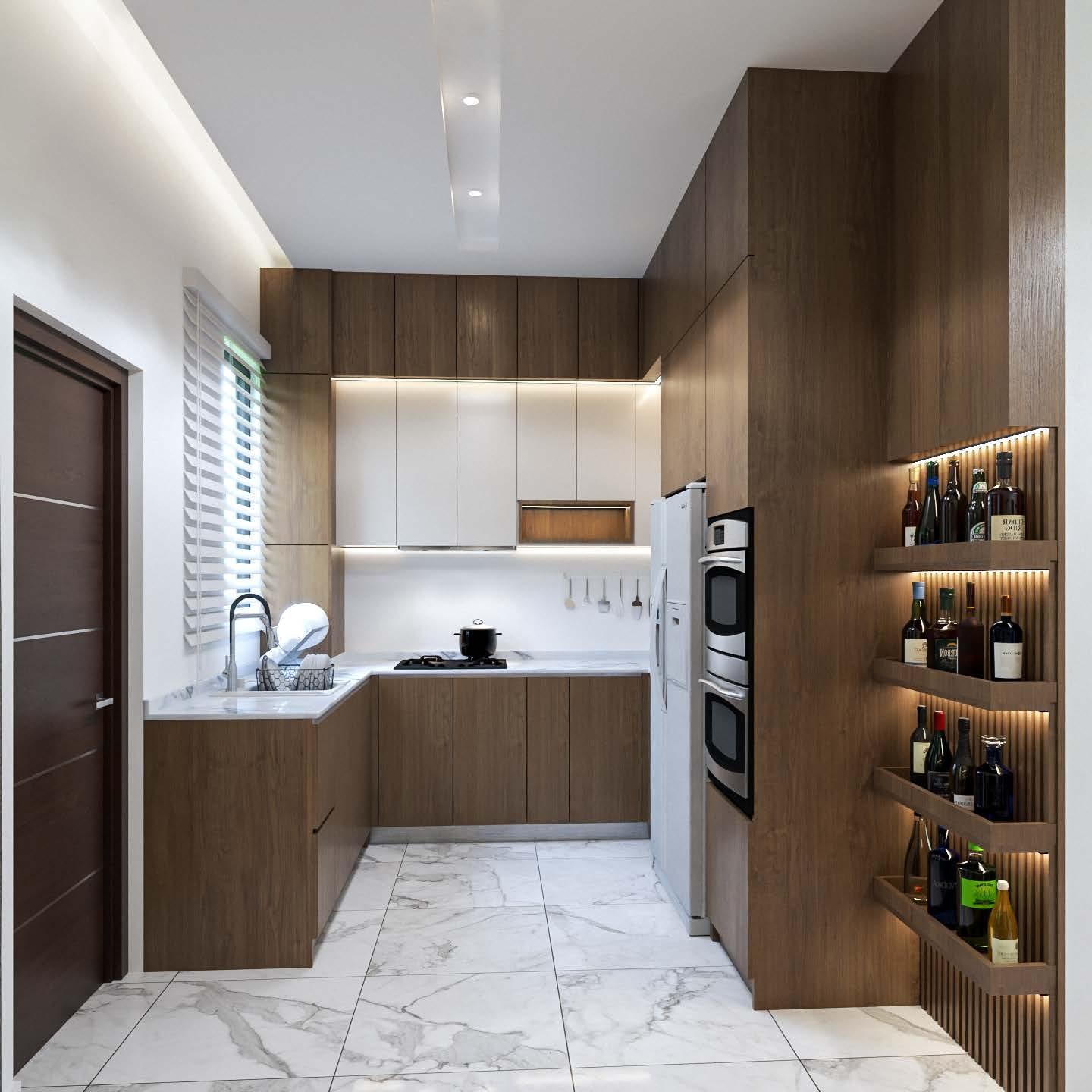 L-shaped kitchen in walnut and cream with a double wall oven and a lit wine shelf